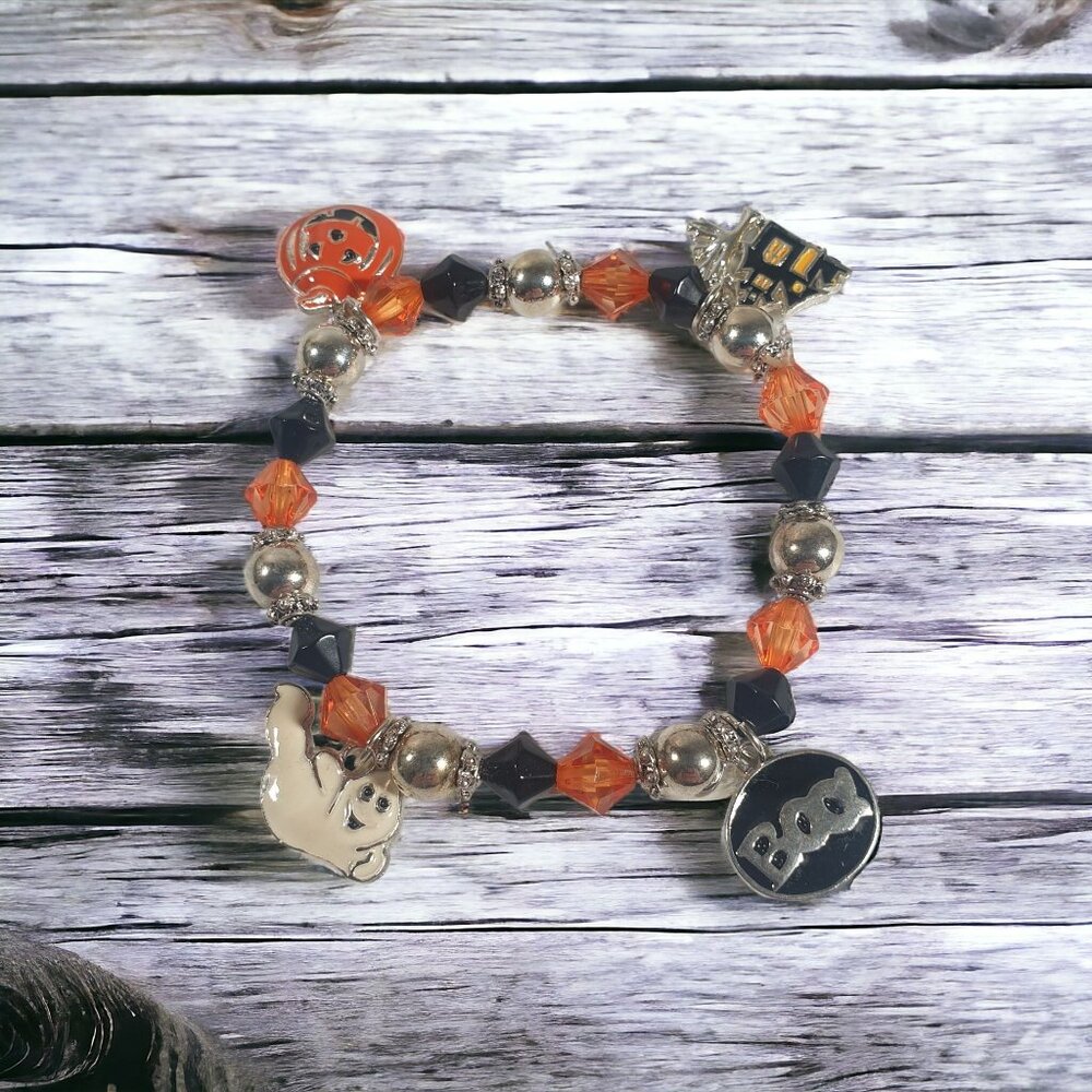 Halloween Stretch Bracelet 7" Fashion Black Orange Silver Tone Trick Or Treat
